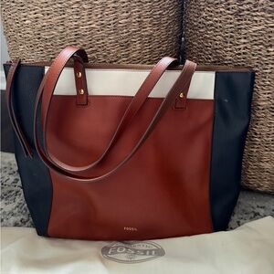 Fossil Tri-Panel Leather Tote in Brown, Black & Cream